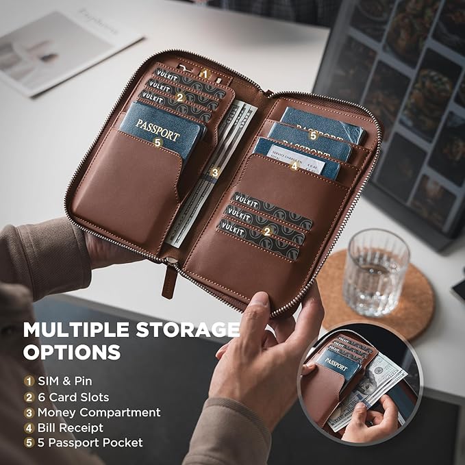 VULKIT Leather Passport Holder Family Travel Document Organizer with RFID Blocking Travel Wallet Slim Dual Slots SIM Card and Multiple Card Holders for Men and Women (Espresso)