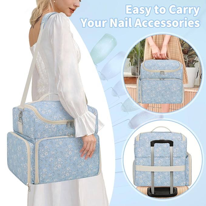 CUBETASTIC Extra Large Nail Polish Organizer Case Holds 86 to 100+ Bottles Nail Polish & Nail Lamp, Nail Supplies Storage Carrying Bag with 2 Removable Pouches, White Floral in Blue