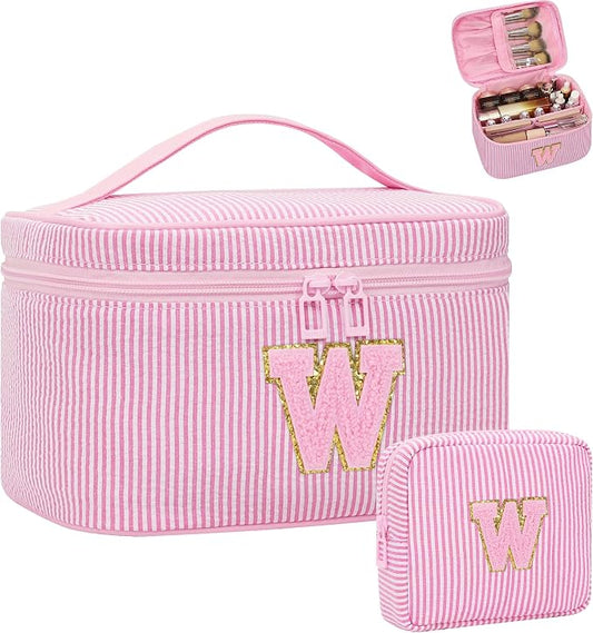 MONSTINA Personalized Initial Makeup Bag for Women,Make Up Case for Girlfriend Bridesmaid Wife,Maid Matron of Honor Gift, Bride to be Gifts,Bachelorette Party Favors,Birthday Gift for Her Pink W