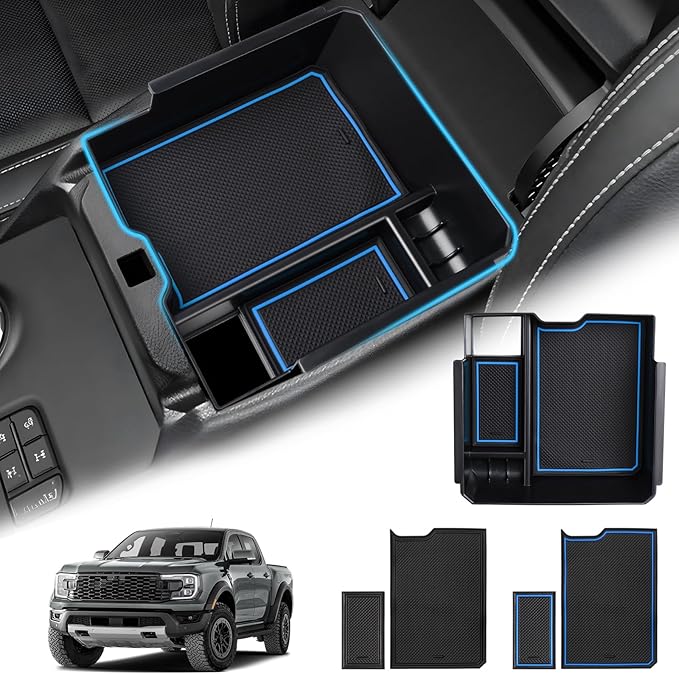 Sunsdrew Center Console Organizer Compatible with 2024-2026 Ford Ranger, Armrest Storage Box Insert with 2 Color Mats, Ford Ranger Accessories - ONLY FIT Electric Handbrake Version