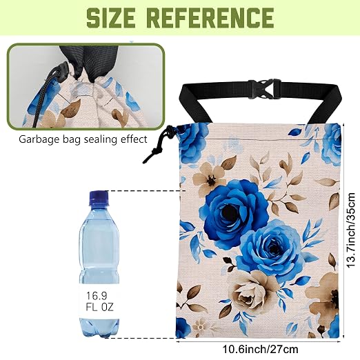 Car Garbage Bag Vintage Blue Roses Hanging Canvas Car Trash Bag Waterproof Drawstring Car Back Seat Organizer for Car Back Front Seat Console with Adjustable Buckle