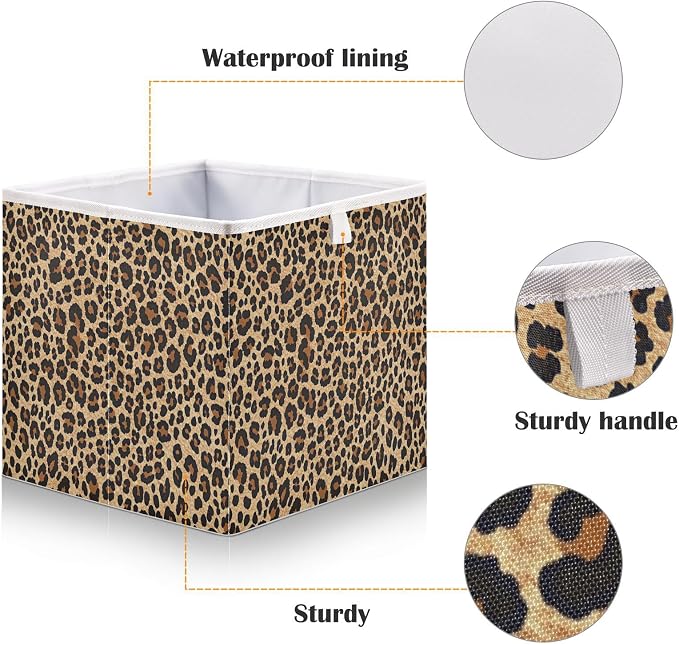 Brown Leopard Print Storage Baskets, 15.75x10.63x6.96 inch Foldable Decorative Fabric Storage Bins, Closet Organizer for Shelves, Clothes, Books & Bedroom Organization