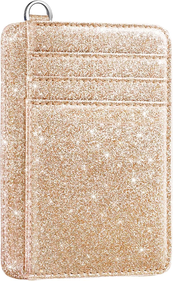 Coco Rossi Slim Front Pocket Wallet RFID ID Card Holder Cute Small Wallet with Keychian for Women,Champagne Gold Glitter
