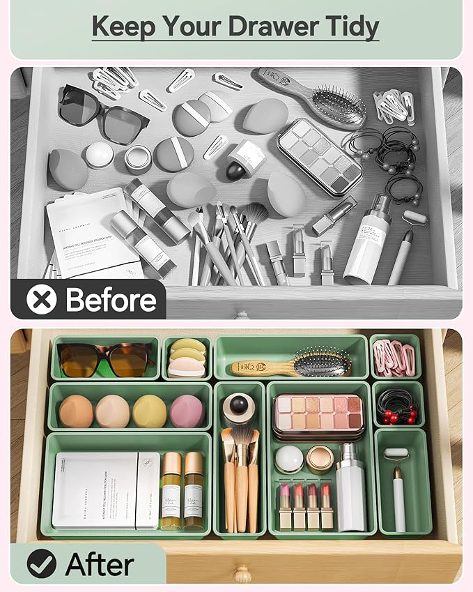 KEMETHY 25 PCS Plastic Drawer Organizers Set, 4 Sizes Vanity Organizer, Makeup and Desk Drawer Organizer Trays, Organization and Storage for Makeup, Bathroom, Kitchen Utensils and Office (Green)