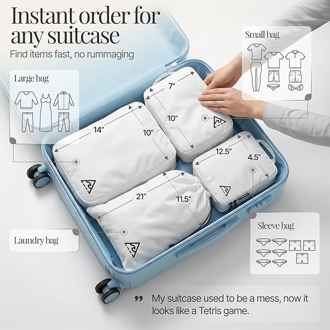Well Traveled 4 pcs Compression Packing Bags Cubes Set with HybridMax Double-Capacity Design - Packing Cubes for Travel Compression to Maximize Limited Luggage Space, White