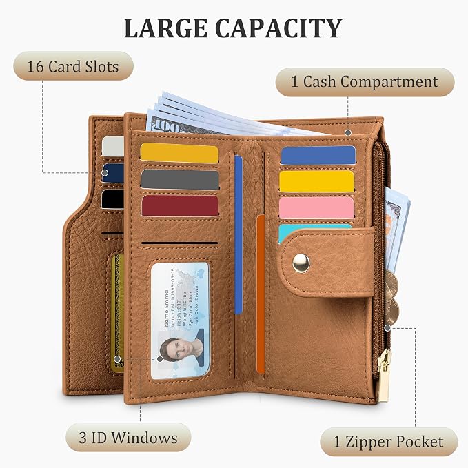 Airkit Small Women's Bifold Wallet, RFID Blocking Credit Card Holder with Zipper, Travel Cute Coin Pocket Wallet for Ladies, Brown