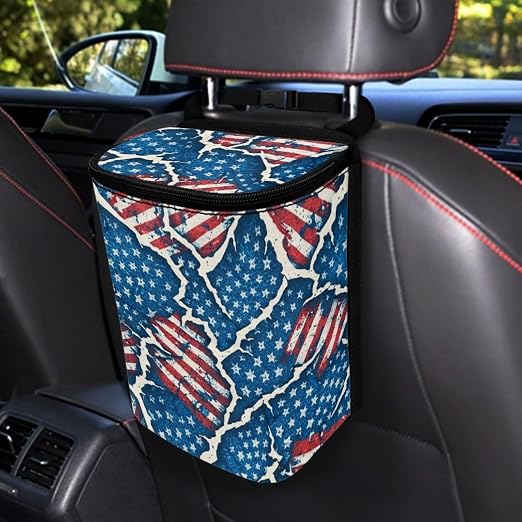 Talayituse Vintage American Flag Paper Print Car Trash Bin, Large Size Auto Trash Can Adjustable Portable Garbage Can with Lid, Vehicle Hanging Bag for Headrest Front Back Seat 4th of July Decor