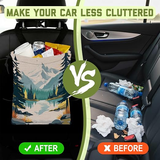 Car Trash Bag Mountain and River Forest Leak-Proof Waterproof Car Garbage Bag with Drawstring Foldable Canvas Trash Bin with Adjustable Buckle for Car Accessories, Travelling, Camping