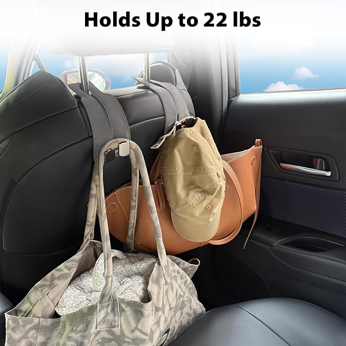 Travel Depot Headrest Hooks for Car, Purse Hook for Car, Premium Leather Twin Hook Car Seat Hooks, Double Hook Seat Back Storage Organizer for Purses, Bags, SUV, Truck, Vehicle, 2 Pack, Grey