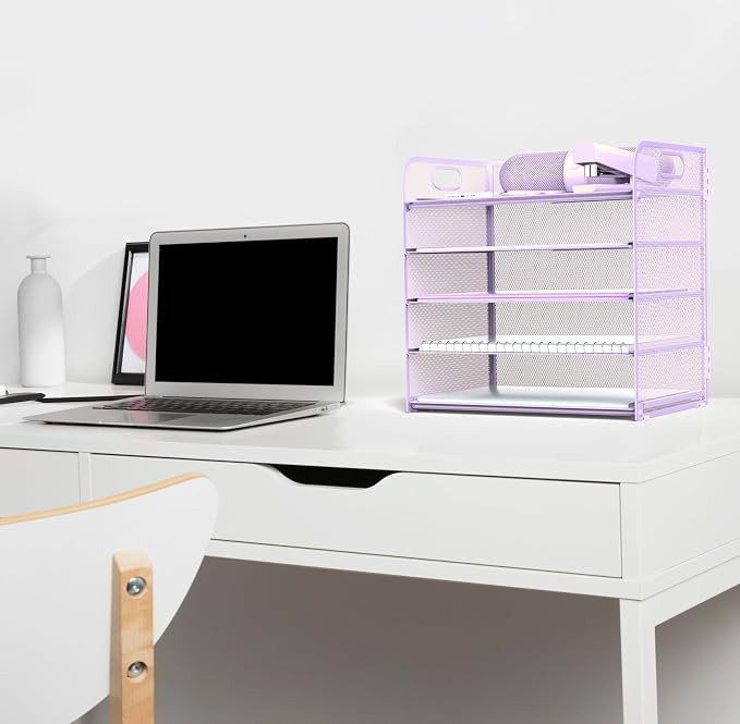 Letter Tray Paper Organizer 5-Tier Desk Organizer File Organizer Paper Holder with Handle, Metal Desktop Document Shelf Tray Office Classroom Organization - Purple
