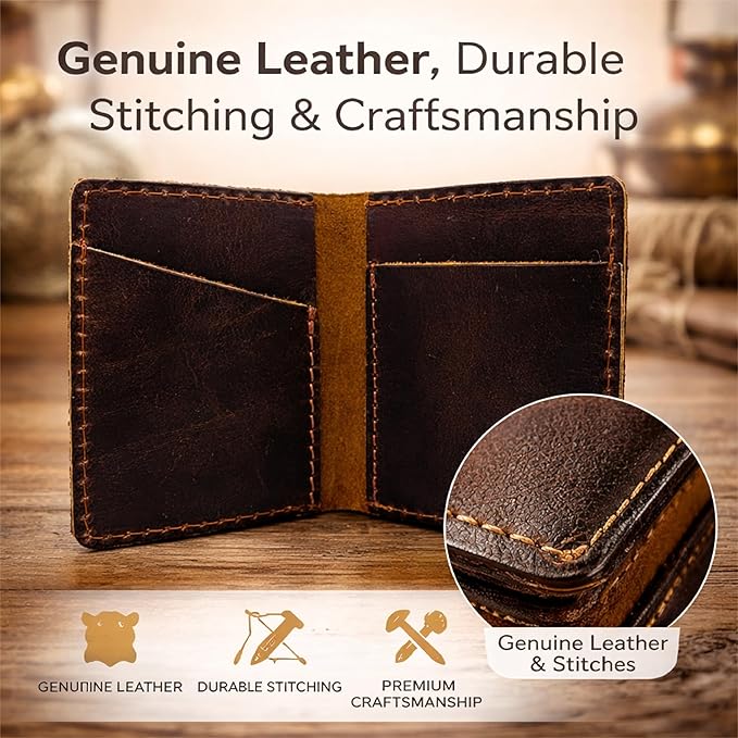 Credit Card Case Holder, Genuine Leather Bifold Wallet for Men and Women, Slim Minimalist Front Pocket Card Holder for Credit and Debit Cards, 4x3 Inches, Brown