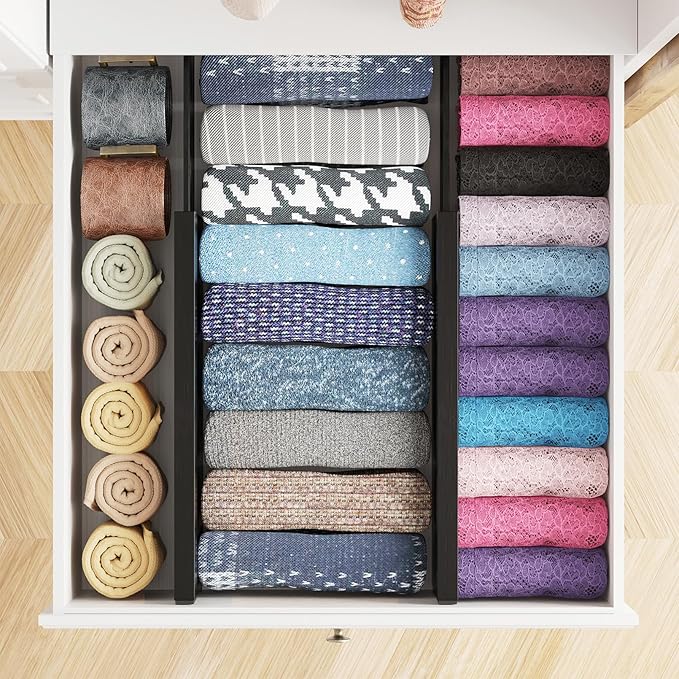 SpaceAid Bamboo 4 Pack Dresser Drawer Dividers, 4.65??High Adjustable 12.5??17??Drawer Organizers, Expandable Organization for Clothing, Clothes, Dressers, Black