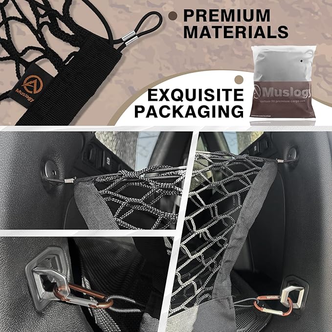 Muslogy Truck Bed Cargo Net Trunk Netting Compatible with 2022-2025 2026 Jeep Grand Cherokee (2-Row) Accessories, Pickup Cargo Organizer SUV Sedan Storage Net w/Heavy Duty Carabiners