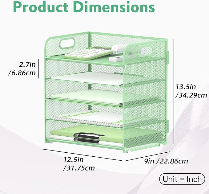 Supeasy 5 Trays Paper Organizer Letter Tray with Handle-Mesh Desk File Holders, Paper Sorter Desk Organizer for Office, Home, Classroom or School(Mint Green)