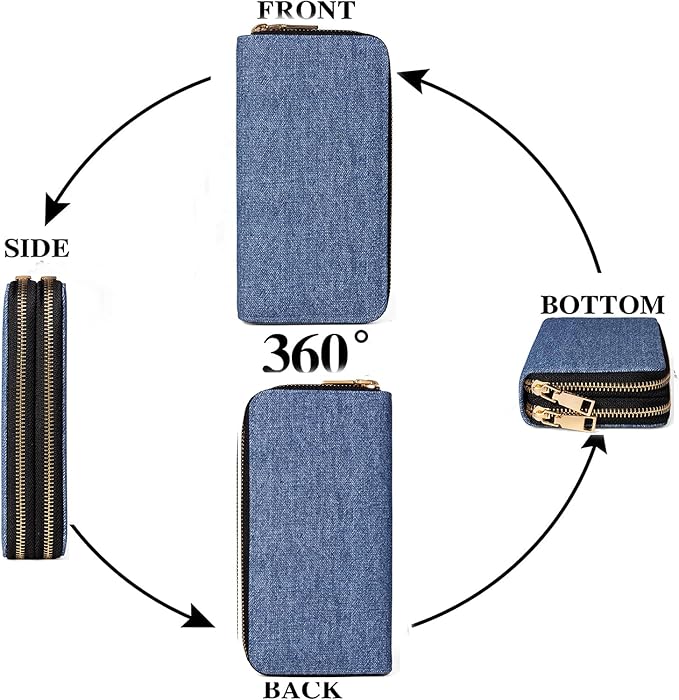 Denim Wallets for Women Ladies Large Capacity 2 Zipper Wallet Ladies Jean Purse Credit Card Holder