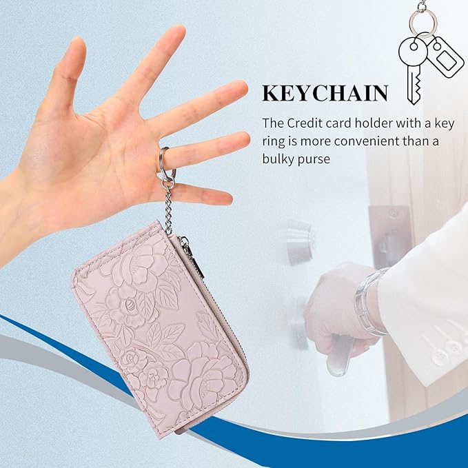 GAEKEAO Small Credit Card Holder Wallet for Women RFID Leather Slim Wristlet Keychain Wallets With Zipper Pocket