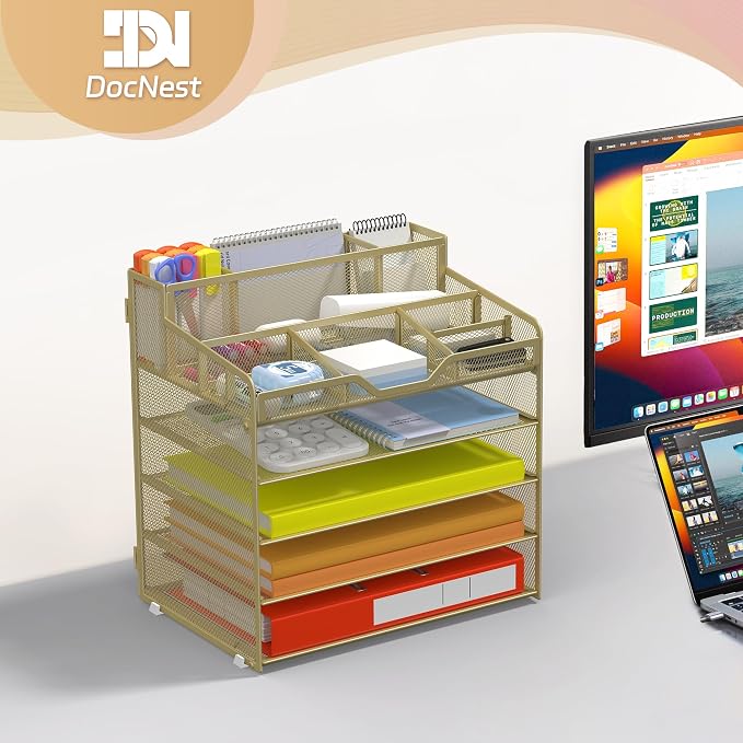 Docnest 5 Tier Mesh Desk Organizer for Paper Office Supplies – Multi-Functional Letter Tray with 5 Adjustable Compartments, 3 Pen Holders, Desktop Storage for Files, Mail, Stationery – Gold