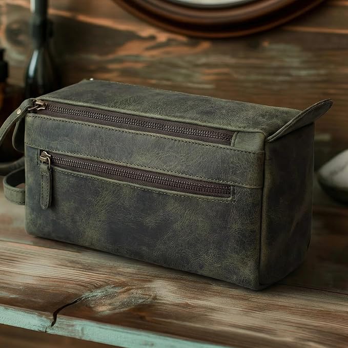 LEATHER VILLAGE Genuine Leather Travel Toiletry Bag - Water-Resistant Dopp Kit for Toiletries, Large Shaving Bag & Bathroom Organizer - Gift for Men & Women - Olive