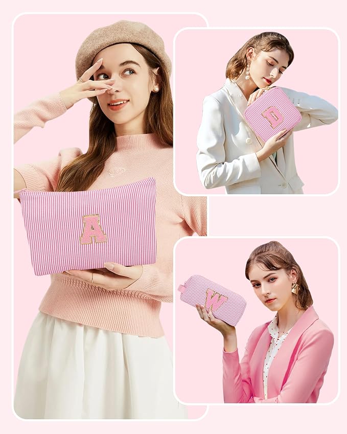 MONSTINA Personalized Initial Makeup Case for Women,Make Up Case for Girlfriend Bridesmaid Wife,Birthday Gift for Her Cute Toiletry Bag,3PCS,Pink L