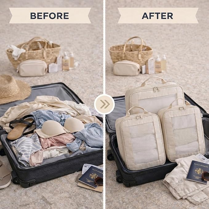 G-FORCE 3PC Compression Mesh Mid-Rectangular Packing Cube Set Stone Color | Space Saver Travel Organizer | Luggage Compression Cubes
