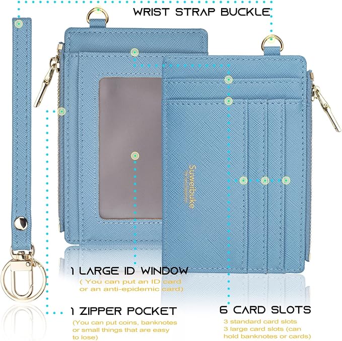 Wikavanli Women Slim Rfid Blocking Credit Card Case Holder Wristlet Zip ID Case Wallet Small Compact Leather Wallet Coin Purse with Keychain (Blue)