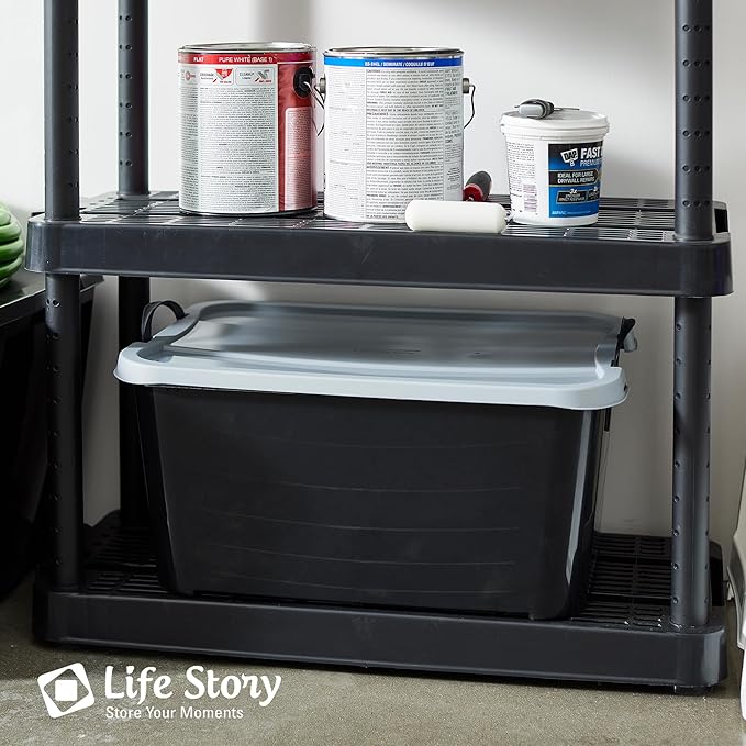 Life Story 18 Pack Heavy Duty Stackable Storage Bin, 55 Quart Home Organizer, Versatile Lightweight Locking Bins with Carrying Handles, Black/Gray