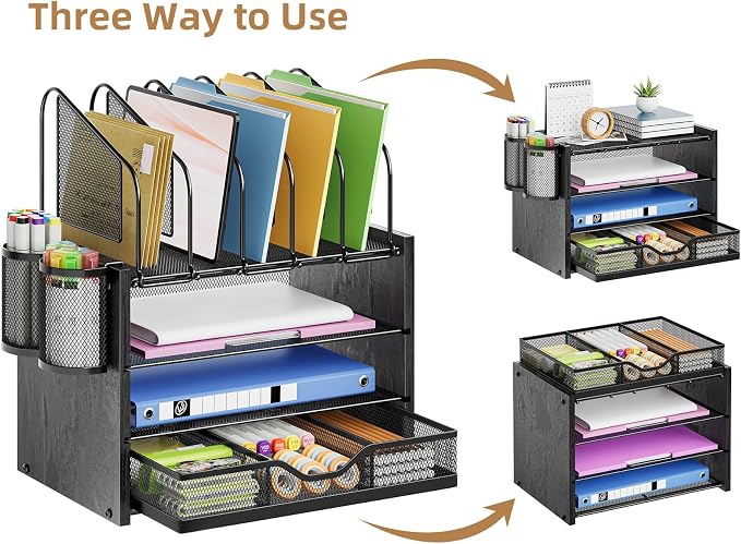 Marbrasse Desk organizer with Drawer, 4-Tier Wooden File Organizer with 5 Vertical File Holders and 2 Pen Holders, Desk Organizers and Accessories for Home Office - Black