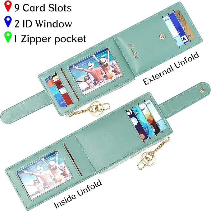 Badiya Slim Women Wallet RFID Blocking Bifold Compact 9 Card Slots Holder Wallets Soft Leather with Zipper Coin Pocket 2 ID Window