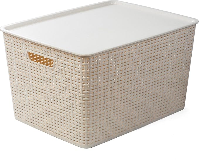 BINO | Plastic Storage Baskets with Lids, 45 Liter - 3 Pack, Natural | THE WOVEN COLLECTION | Storage Basket for Shelves | Woven Storage Baskets for Organizing Bins | Pantry Shelf Organizer Bin