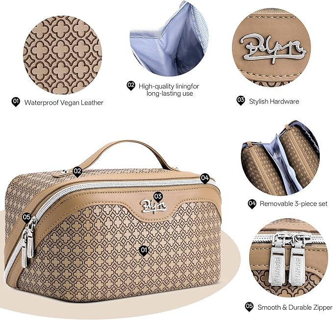 BOYATU Travel Makeup Bag for Women: Four Leaf Clover Large Capacity 3 Pcs Set Cosmetic Bags - Waterproof 50% Extra Space for Toiletry Organizer - Travel Essentials for Fortunate (05 Brown)