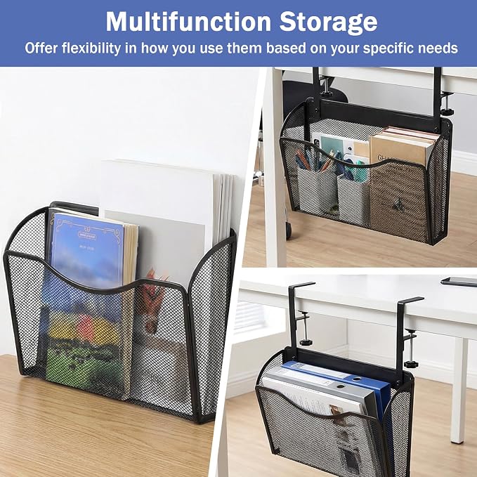 Under Desk Drawer Clamp On Mesh Metal Desk Side Storage Hanging Organizer with Adjustable F-Clamp for Office Home, Black