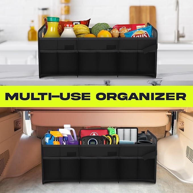 FORTEM Car Trunk Organizer, Collapsible Two Compartment Organizer, Foldable SUV & Truck Storage for Car Accessories for Women Men, Non Slip Bottom, Sturdy Side Walls, Strong Handles, 75L