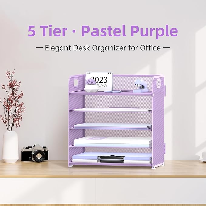 Supeasy 5 Trays Paper Organizer Letter Tray with Handle-Mesh Desk File Holders, Paper Sorter Desk Organizer for Office, Home, Classeoom or School, Purple