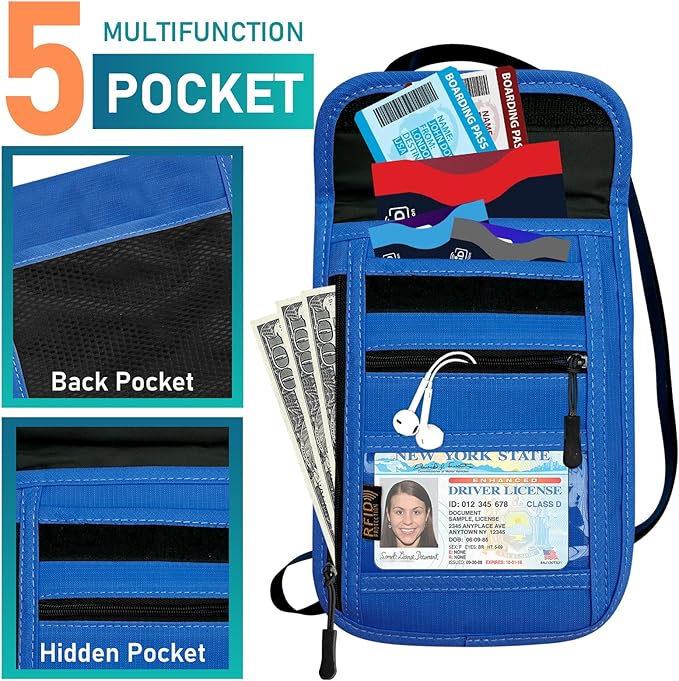 Travel Neck Wallet & RFID Blocking Sleeves for Men and Women, Neck Money Pouch Anti Theft Travel Document Organizer with Adjustable Strap - Blue