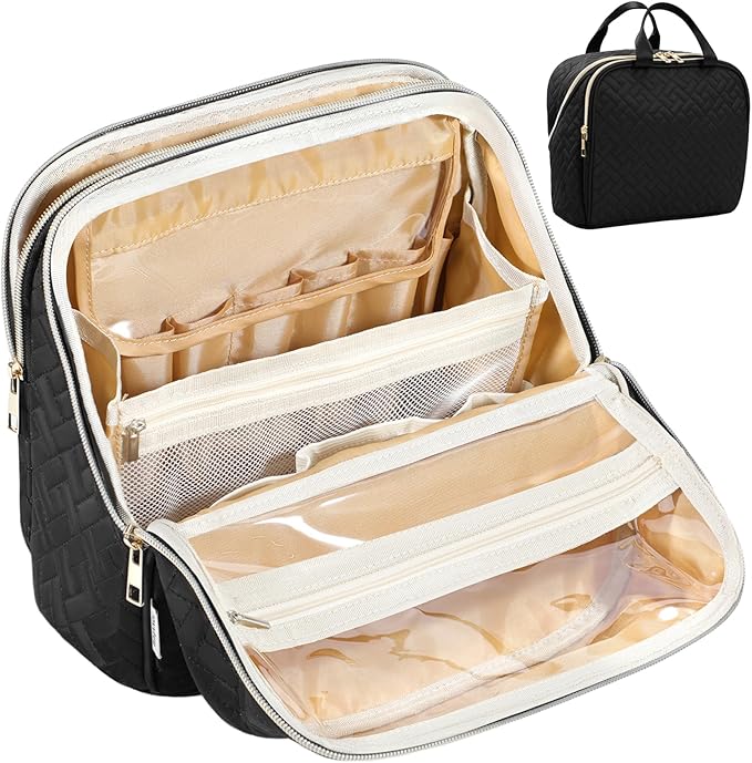 Makeup Bag, Large Capacity with Room for Brushes and Mirror, Travel Makeup Organizer, Portable Standing Make Up Case, Waterproof Cosmetic Toiletry Bags with Handle, Color Black