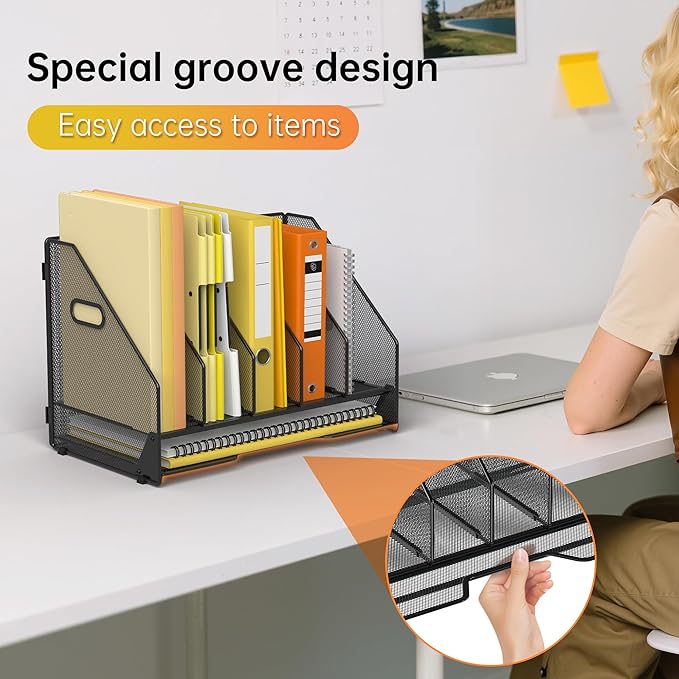 Docnest Desk File Holder Sorter, 5 Vertical Compartments Rack with Letter Tray, Mesh Magazine File Holder with Handle,Workspace Organizers,Desk Organizers for Paper, Mail, Documents-Black