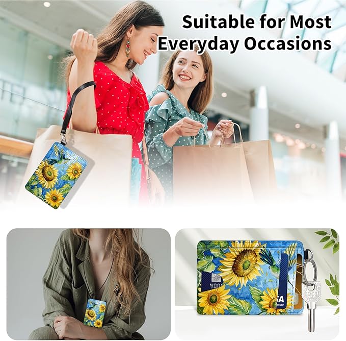 Slim Minimalist Front Pocket Wallet,Credit Card Holder Wallet for Women Men,RFID Blocking Credit Card Holder Case Leather Cute Small Thin Wallet ID Window&Wrist Strap,Watercolor Sunflower Bird