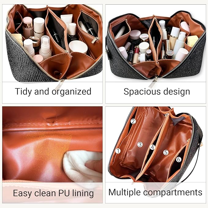 Travel Makeup Bag with Compartments & Organizers – Flat Open Cosmetic Pouch for Women, Purse-Style Design for Traveling, Perfect for Toiletries & Cosmetics Black