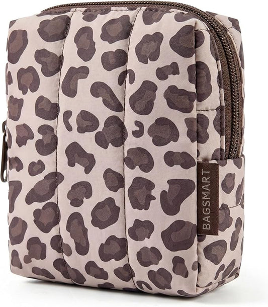 BAGSMART Small Travel Makeup Bag for Purse Toiletry Pouch, Puffy Padded Mini Cosmetics Bag, Cute Make Up Pouch for Women with Slip-in Pocket, Travel Essentials for Toiletries, Leopard