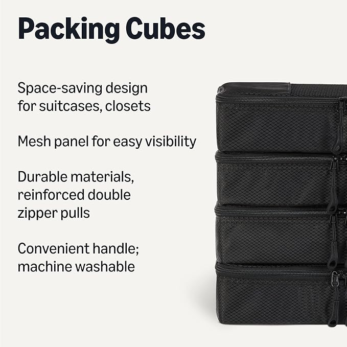 Amazon Essentials 4-Piece Packing Cubes Travel Accessories Set, Luggage Organizer with Double Zipper, Mesh Top, Space-Saving, Slim, Black (Previously Amazon Basics)