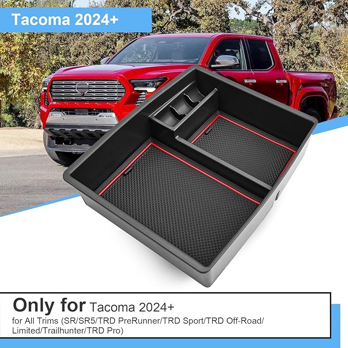 2024 2025 2026 Tacoma Center Console Organizer for Toyota Tacoma (All Trims), Durable ABS Plastic&Anti-slip Rubber Console Tray Glove Insert 2026 2025 Tacoma Accessories (with Red Mats)