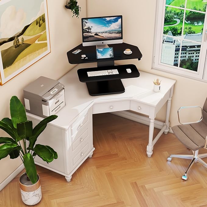 32 inch Corner Standing Desk Converter, Height Adjustable Sit Stand Desk Riser with Keyboard Tray, Black, GSD76