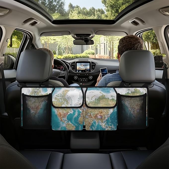World Map Design Car Trunk Organizer,Backseat Hanging Large Storage with Adjustable Straps,Collapsible Cargo Bag,Car Interior Accessories Not Easy to Fade Machine Washable