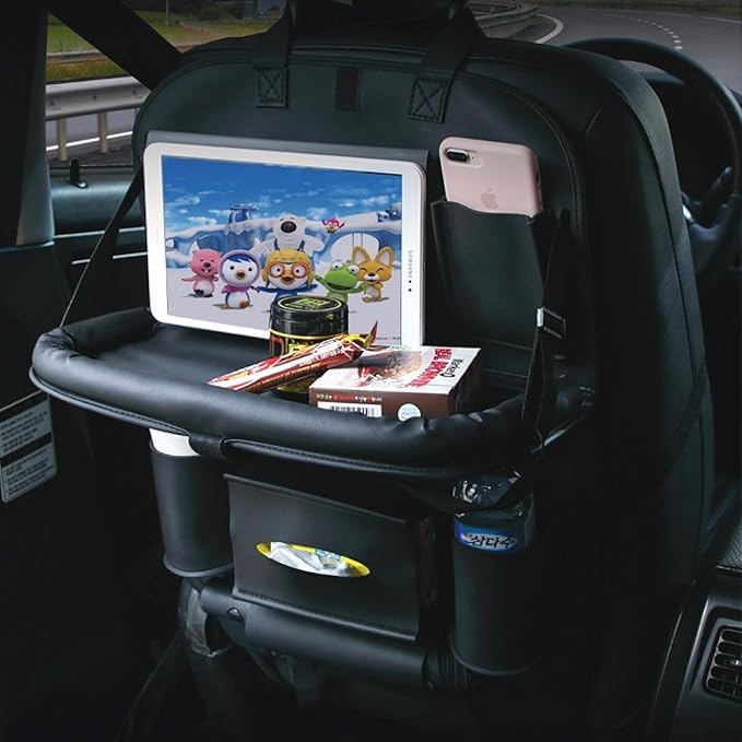 Car Backseat Organizer with Built-in Foldable Tray | Double Layered Leather, Waterproof Car Seat Organizer with Pockets | Easy Installation, Perfect for Family Trips and Daily Use