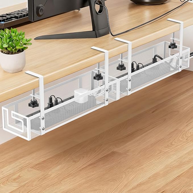 Under Desk Cable Management Tray, GZOKMOG No Drill Cable Management Under Desk, Heavy Duty Metal Cord Organizer, Home Office Wire Management for Gaming/Standing Desk, 2 Pack White, 15.75 inch