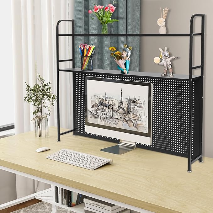 Desk Hutch Shelf 2 Tier Countertop Desktop Bookshelf with Pegboard, Metal Desk Top Bookcase for Computer Desk, Desk Storage Organizer Rack for Dorm Office Home Bedroom(Black, 115cm/45.3in)