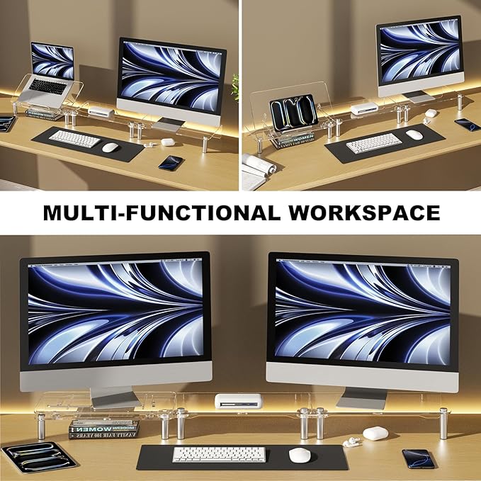 RQUOIRE Ergonomic Acrylic Dual Monitor Stand with Adjustable Laptop Riser, Compatible with Desktop, Printer, TV and More Devices,Monitor Riser Holder Suitable for 2 Monitors (Clear)
