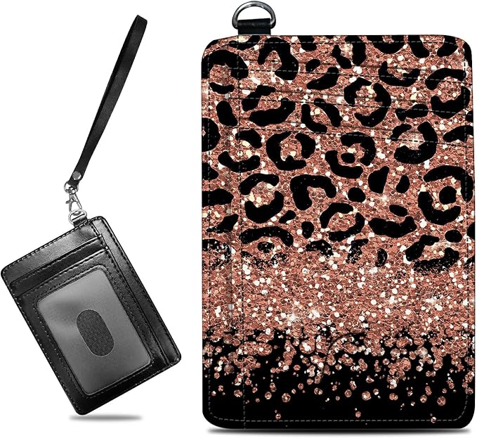 Small Travel Wallets, Leopard Glitter Slim Minimalist Front Pocket Wallet with Wristlet, RFID Blocking PU Leather Credit Card Holder with ID Window Change Purse for Men Women