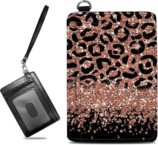Small Travel Wallets, Leopard Glitter Slim Minimalist Front Pocket Wallet with Wristlet, RFID Blocking PU Leather Credit Card Holder with ID Window Change Purse for Men Women