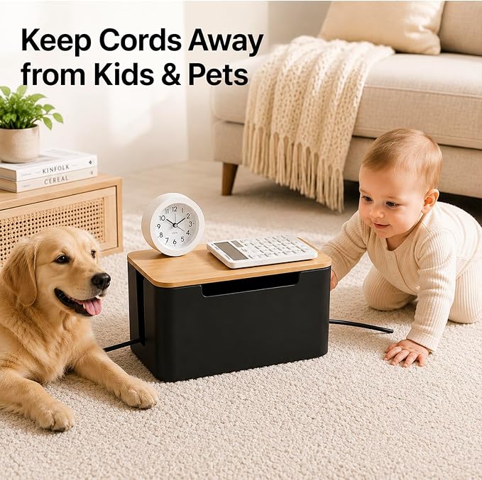 [Set of 2] Wood Cover Cable Management Box Set, Wire Ties Included to Organize Desk Cord Cables, Hide TV Computer Wires, Power Strips, USB Hub to Make Your Home, Office Neat and Clean (Black)